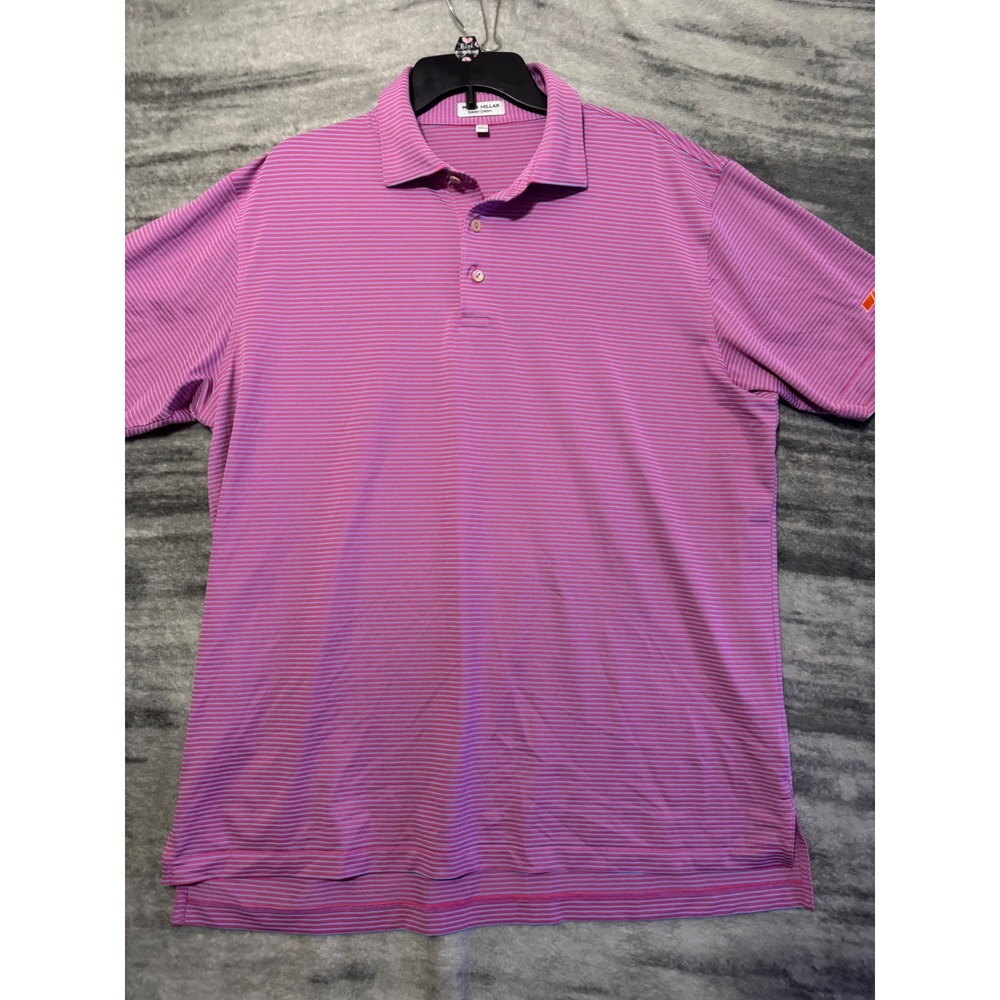 Peter Millar Summer Comfort Polo Shirt Mens Large Pink Blue Stripe AutoZone Logo